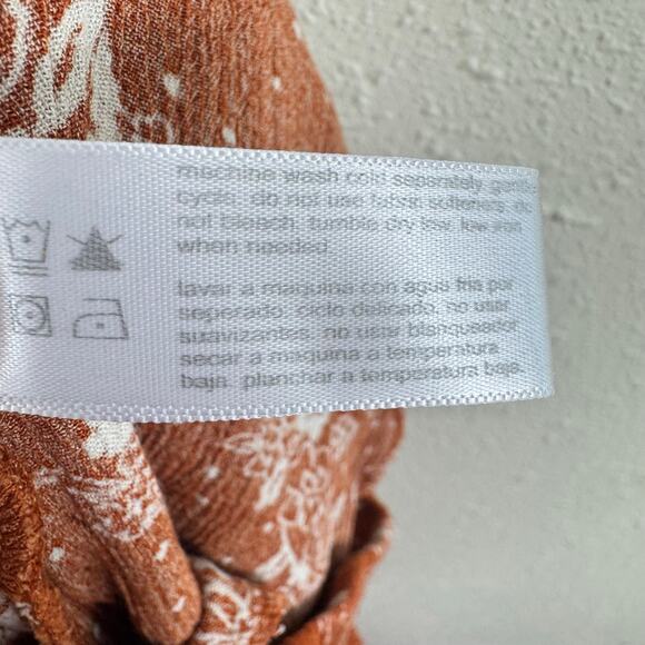 Three Dots Orange White Floral Smocked Straight Leg High Waist Rayon Pants Sz  L - Picture 9 of 9